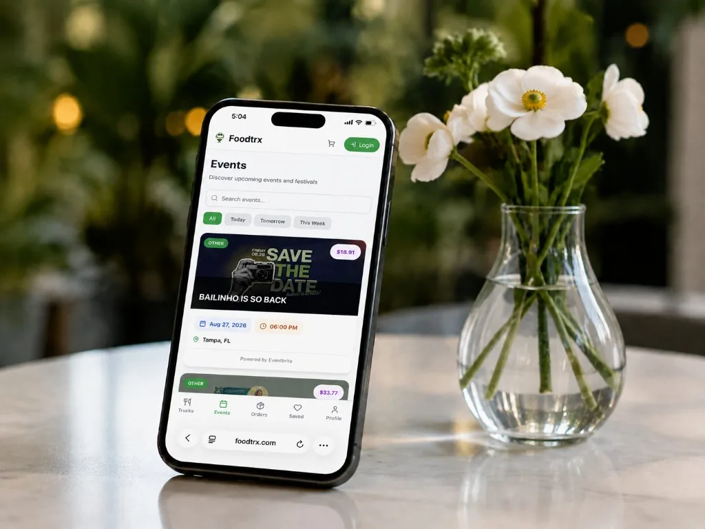 Smartphone showing the Food T.R.X. Events screen beside white flowers