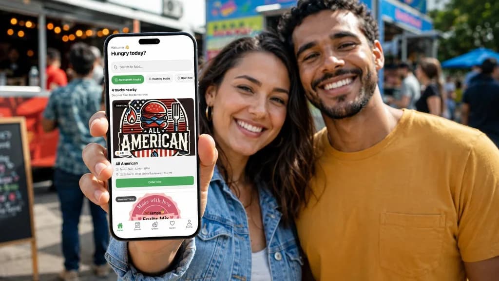 A couple at a food truck event holding a phone showing the Food T.R.X. app with Hungry today?